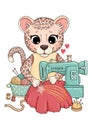 Cute leopard with sewing machine, star, needles