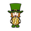 Cute leprechaun saint patrick day character holding gold clover coin Royalty Free Stock Photo