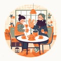 cute lesbian couple drinking coffee in the cafe cartoon illustration