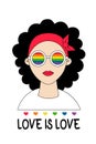 Cute lesbian girl in rainbow glasses. LGBT Pride Month. love is love. LGBTQ pride flag in rainbow colors. Human rights