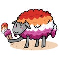 Cute lesbian sheep with tasty ice cream cartoon vector illustration motif set. Hand drawn isolated summer treat elements Royalty Free Stock Photo