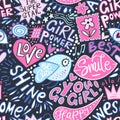 Cute lettering girly seamless pattern vector cool bird funny girl power smile quotes