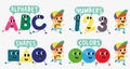 Cute letters, numbers, shapes, colors run with the boy in the hat Royalty Free Stock Photo