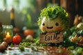 A cute lettuce smile holding a sign Eat Me. Generative AI