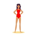 Cute lifeguard girl in a red swimsuit standing in a pose looking into the distance. Vector illustration in flat cartoon