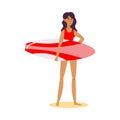 Cute lifeguard girl in a red swimsuit standing with surfboard looking into the distance. Vector illustration in flat Royalty Free Stock Photo