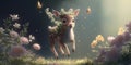 Cute lifelike gracefully jumping baby deer with flowers