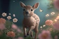 Cute lifelike gracefully jumping baby deer with flowers