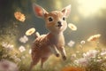 Cute lifelike gracefully jumping baby deer with flowers