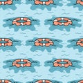 Cute lifering floating on the sea cartoon seamless vector pattern