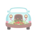 Cute Light Blue Vintage Car Decorated with Flowers, Wedding Retro Auto, Front View Vector Illustration