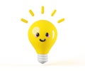 Cute light bulb, cartoon kawaii character with smile 3d render icon. Creative idea, inspiration, brainstorm, development Royalty Free Stock Photo