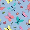 Cute light butterflies and dragonflies with colored wings in flight, vector seamless pattern in flat style on blue background Royalty Free Stock Photo