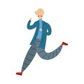 Cute light-haired boy running on a rainy day. Vector illustration in flat cartoon style. Royalty Free Stock Photo