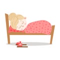 Cute light-haired little girl lovely sleeping in a wooden bed under the red blanket. Vector illustration in flat cartoon