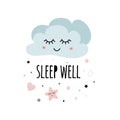 Cute light pink cartoon cloud Wish text Sleep well for baby poster Decor for kids room