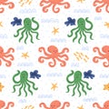 Cute light repeated ornament with octopus. Vector seamless pattern with cartoon underwater characters.