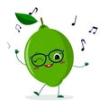 Cute lime cartoon character in glasses dances to music.