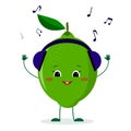 A cute lime character in cartoon style listening to music on headphones.