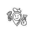 Cute line doodle bank location pin emoji. Freehand sketch pinpoint. Map address comic emoticon. Smiling funny character