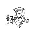 Cute line doodle university location pin emoji. Freehand sketch pinpoint. Map address comic emoticon. Smiling funny character