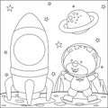 Cute lion astronaut with rocket on the planet. Vector hand-drawn Royalty Free Stock Photo