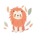 Cute lion among autumn leaves, baby animal with funny face and mane on head, paws