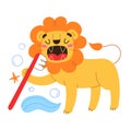 Cute lion brushing teeth, cartoon character holding a toothbrush, oral hygiene for kids, children illustration isolated Royalty Free Stock Photo