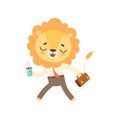 Cute Lion Businessman Walking with Cup of Coffee and Briefcase, Funny African Animal Cartoon Character Vector