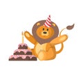 Cute lion with cake and a hat birthday on his head, animal birthday