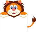 Cute lion cartoon character with blank sign Royalty Free Stock Photo