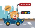 Cute Lion Cartoon Driving A Vintage Race Car. Vector Childish Background For Fabric Textile, Nursery Wallpaper, Card, Poster And