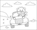 Cute lion cartoon having fun driving a off road car in mountain on sunny day. Cartoon isolated vector illustration, Creative Royalty Free Stock Photo