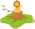 Cute lion cartoon sitting on tree stump Royalty Free Stock Photo