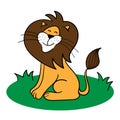 Cute lion cartoon. A smiling lion is sitting on green grass. Drawing on a white Royalty Free Stock Photo