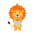 Cute Lion Character with Mane in Striped Shirt Gasp with Surprise Vector Illustration