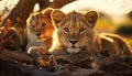 A cute lion cub hiding in the grass, looking alert generated by AI Royalty Free Stock Photo