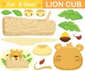 Cute lion cub hiding in tree trunk. Education paper game for children. Cutout and gluing. Vector cartoon illustration Royalty Free Stock Photo