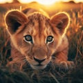 cute lion cub prowling and stalking