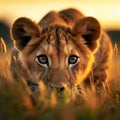 cute lion cub prowling and stalking in the savannah