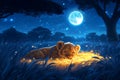 Cute lion cub resting in the grass at night with a glowing full moon background Royalty Free Stock Photo