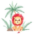 Cute lion cub sitting under a palm tree Watercolor illustration, children`s cartoon character Royalty Free Stock Photo