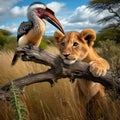 cute lion cub stalking and hunting a bird Royalty Free Stock Photo