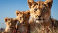 Cute lion cub staring, playful, looking at camera, nature beauty generated by AI