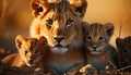 Cute lion cub staring, small group, nature beauty in Africa generated by AI