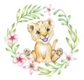 Cute lion cub in tropical plants, leaves and flowers isolated on white background. Lion baby. African animals Royalty Free Stock Photo