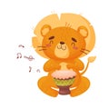 Cute lion with djembe. Vector illustration on white background.