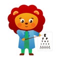 Cute lion doctor check sight of the patient,ophthalmologist illustration