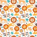 Cute lion doodle seamless pattern of funny safari animals Royalty Free Stock Photo