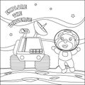 Cute lion and his Rover exploring the red planet. Vector hand-drawn coloring children`s illustration. Creative vector Childish